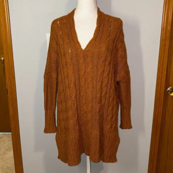 Free People chunky cable knit oversized tunic sweater burnt orange size‎ XS - Image 2