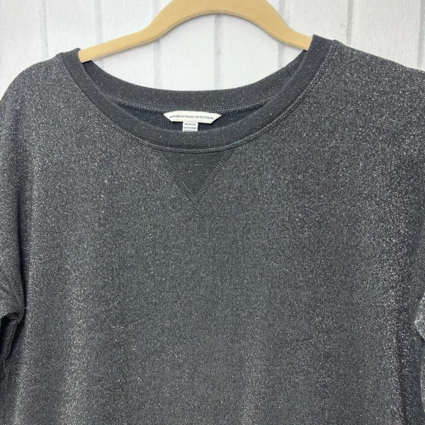 American Eagle Outfitters Black Metallic Pullover Top Long Sleeve Slit Sides M‎ - Image 4