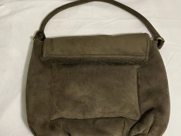 Vintage Brown Faux Suede Shearling Trim Handbag Boho Hobo Shoulder Bag Purse - Image 6