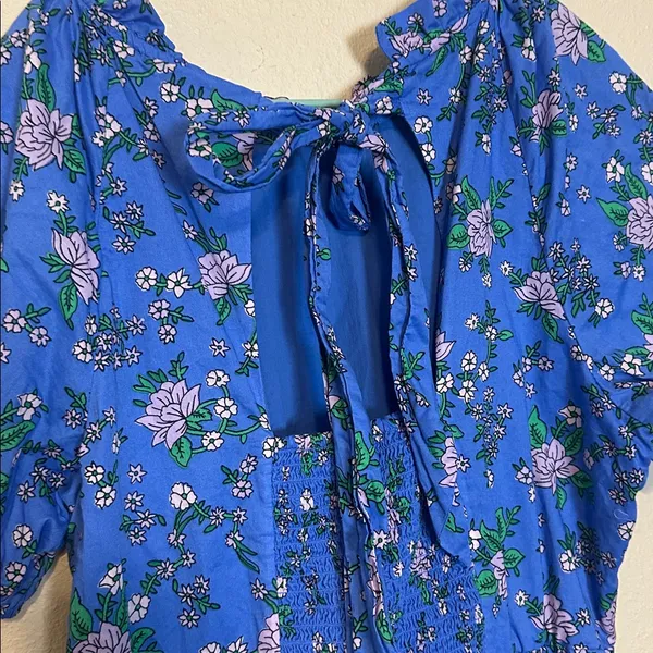 J.Crew Floral Puff Sleeve Mini Dress Blue Cotton Smocked Back Tie Neck Size‎ 12 - Image 8