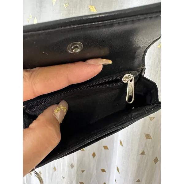 Vintage Esprit Black Faux Textured Leather Mini Zipper ID Pocket Wallet Key Ring - Image 3