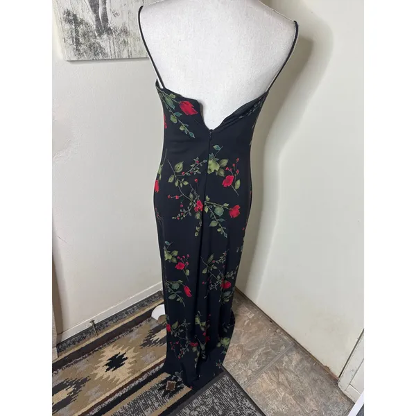 VTG 90s Arianna by Rachel Kaye Black Rose Maxi Dress Whimsygoth Column Slip 4P - Image 6