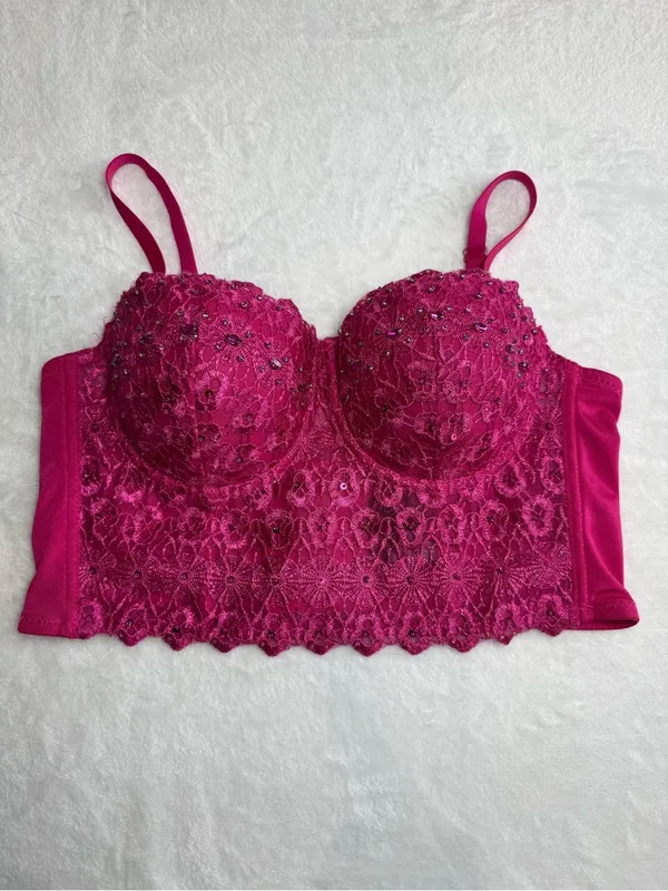 Windsor Pink Lace Corset Bustier Top Rhinestone Y2K Party Crop - Image 2