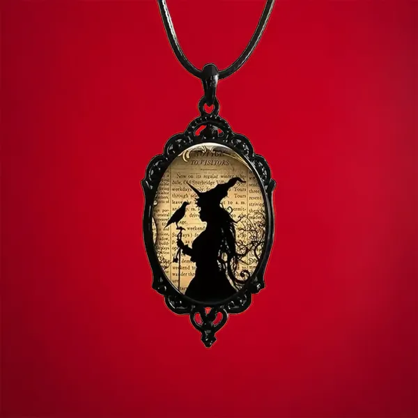 Witch And‎ Raven Cameo Black Pendant, Vintage Style Gothic Crow Glass Pendant - Image 9