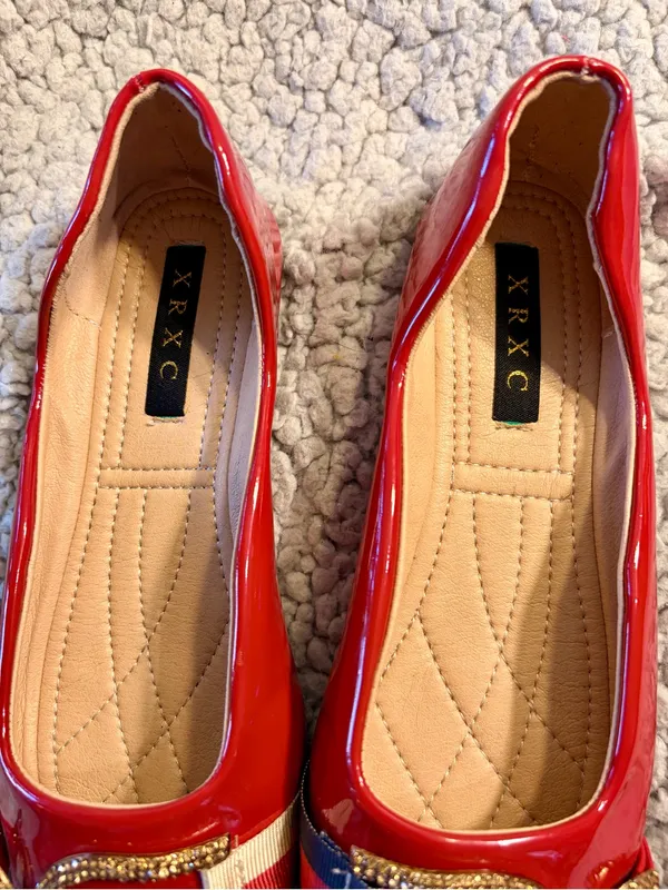 XRXC Red Patent Leather Square Toe Ballet Flats Rhinestone Buckle. - Image 5