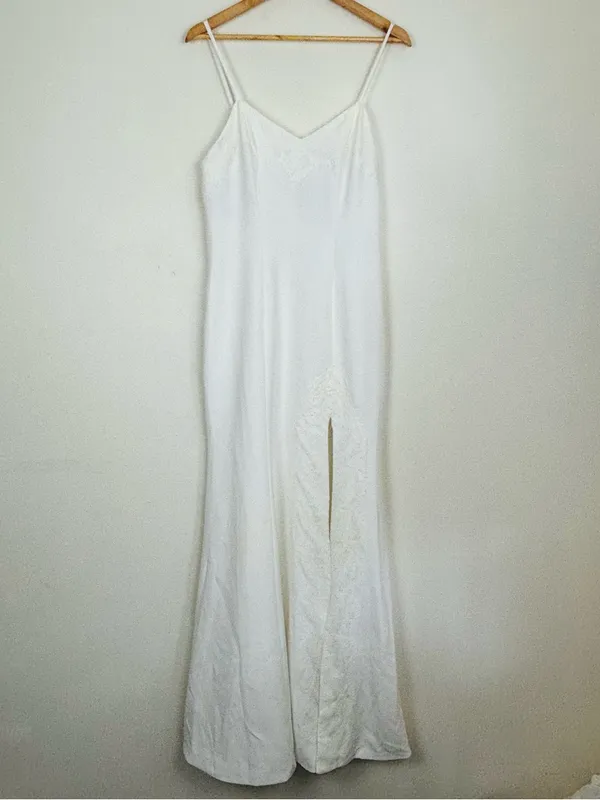 Fame and Partners white lace trim spaghetti strap slip cut gown front slit 8 - Image 2