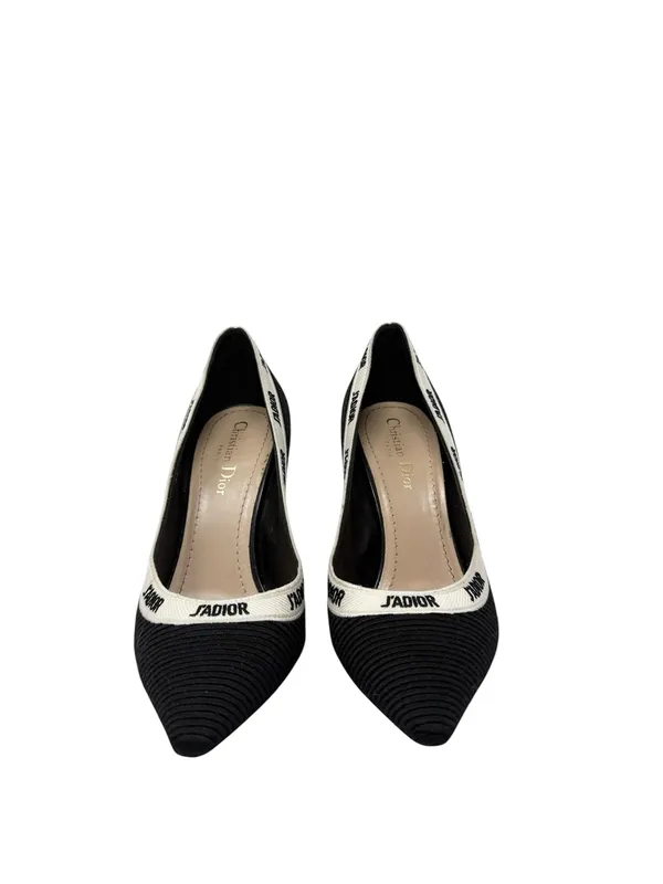 Dior J’Adior Logo Ribbon Black Canvas Slip On Pointed Toe Pumps Size 38 - Image 5