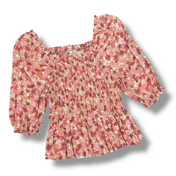Nanette Lepore Cottagecore Floral Smocked Peplum‎ Puff Sleeve Blouse Pink Large - Image 12