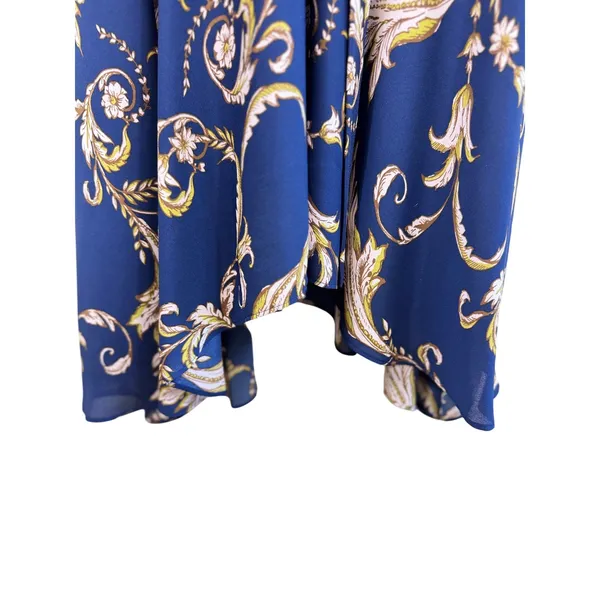 Tahari Arthur S Levine Navy Blue Paisley Faux‎ Wrap Midi Dress Ruffle Cuff 12 - Image 4