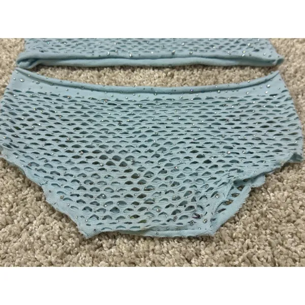 Sparkly Blue Fishnet Two Piece Crop Top Cheeky Bottoms Set Festival Rave OS - Image 8