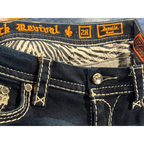Rock Revival Janelle Bootcut‎ Jeans Dark Wash Low Rise Flap Pockets Bling SZ 28 - Image 3