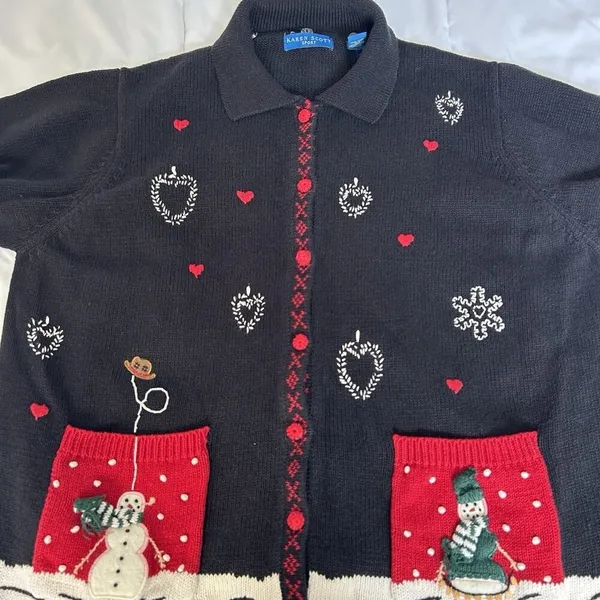 Vintage Karen Scott Snowman Sweater Cardigan Faux Fur Womens Large‎ L Snowflakes - Image 4