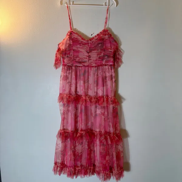 Lulus Exquisite Existence Pink Floral Mesh Pleated Ruffled Midi Dress Size XL - Image 2