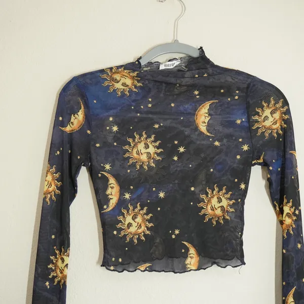 Ragstock Celestial Sun Moon Star Sheer Mesh Crop Top Navy Blue Mock Neck - Image 2