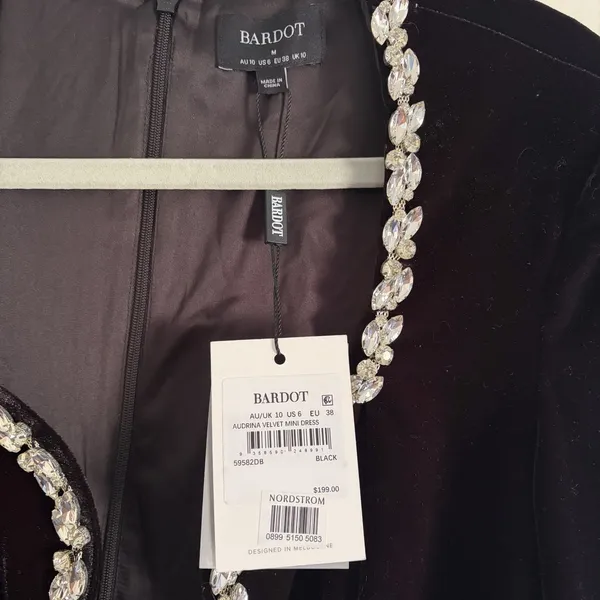 Bardot Audrina‎ Velvet Dress NWT Medium 6 Anthropologie Black Rhinestone Trim - Image 3