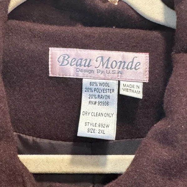 Beau Monde Women’s Brown Wool Blend Lined Pea Coat Jacket Classic Size 2XL - Image 7