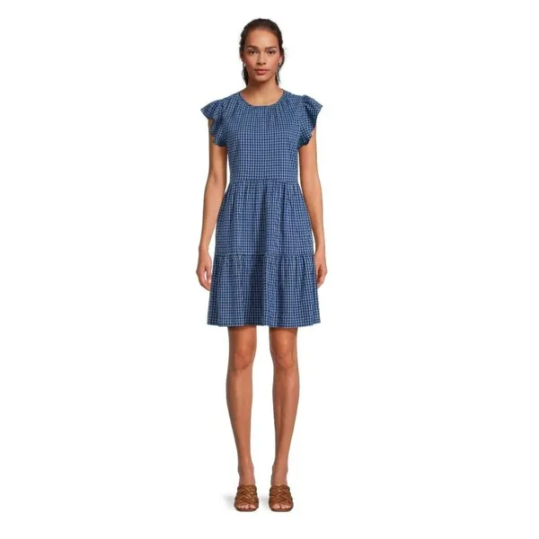 Old Navy Time & Tru Blue‎ Plaid Flutter Sleeve Tieared Womens Dress Size M 8/10 NWT - Image 4