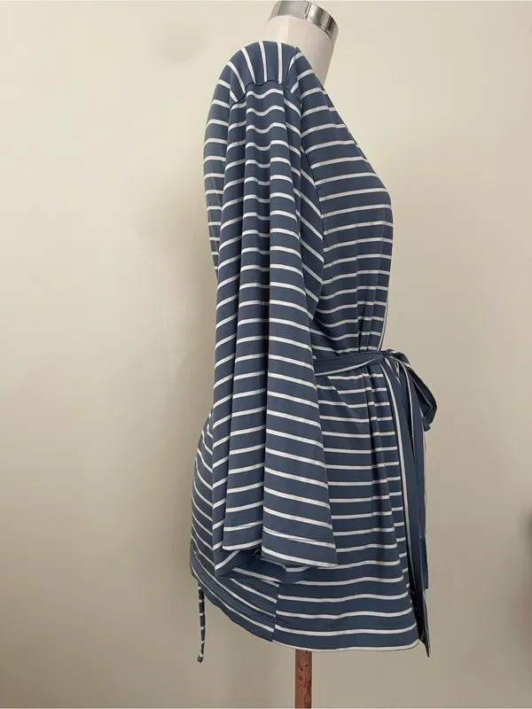 State of day Striped Navy & White Women’s Wrap Robe with Tie Belt - Image 2