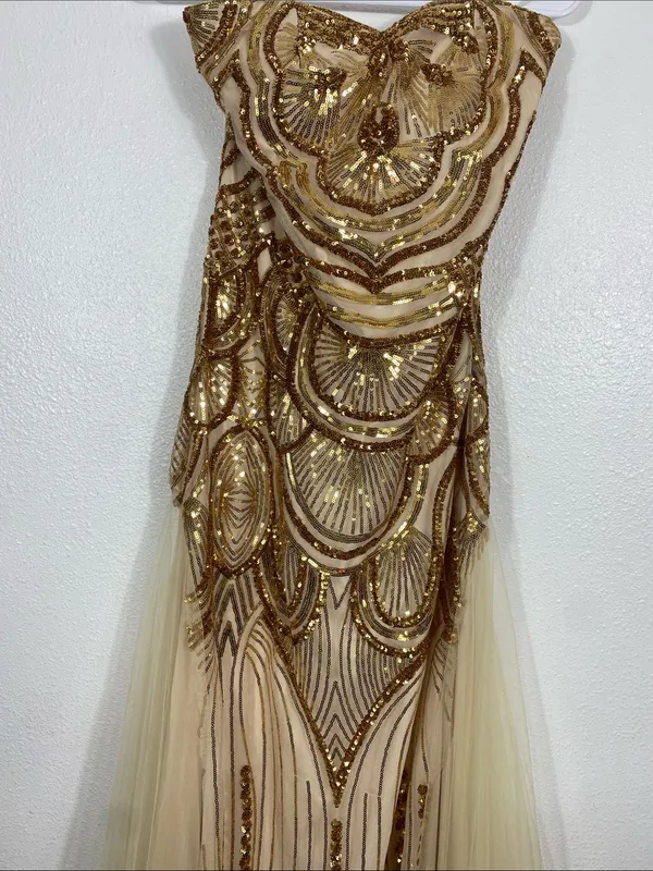 Strapless Gold Sequin Evening Column Dress Size L - Image 6
