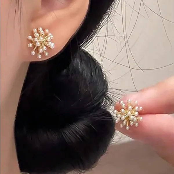 Elegant Gold and White Pearl Stud Earrings - Image 3