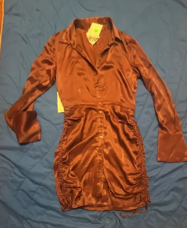 Bardot Sui Shirt Dress in Burgundy Satin - Image 2