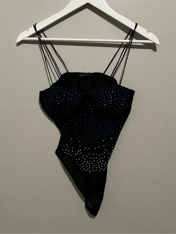 Haute Monde Black Solid Semi-Transparent Sheer Rhinestone Bodysuit One Piece M - Image 2