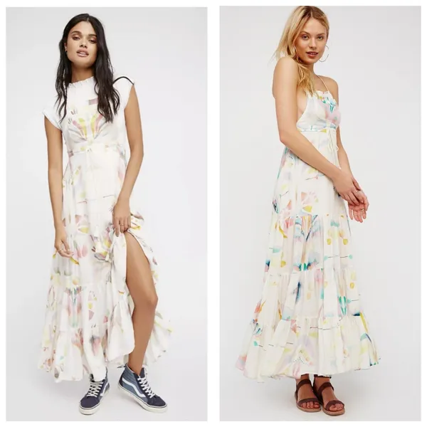 Free People Sounds Of Spring Maxi Dress Size 6 Ivory Watercolor Bib Overall - Image 14