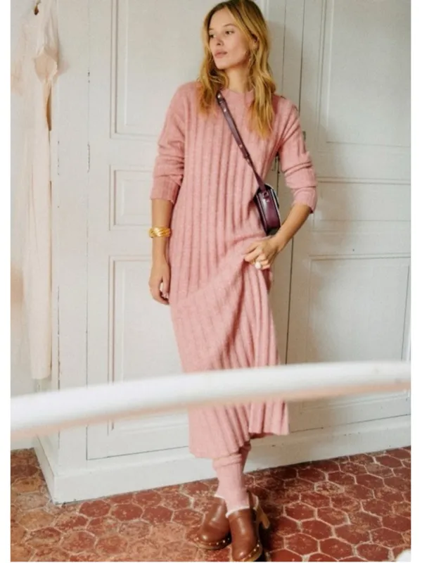 Sezane Manon Ribbed Knit Baby Alpaca Dress Size XS Shoulder Button Rosewood - Image 3
