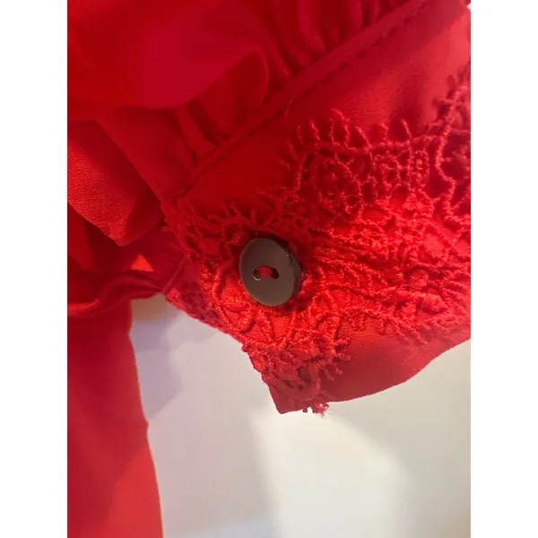 ODDI Red Blouse Top Size M Button Down Long Bishop Sleeve Crochet Trim - Image 6