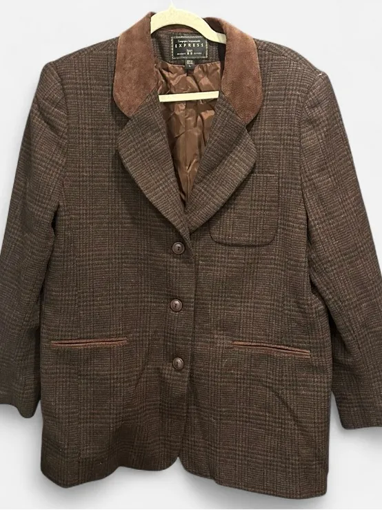 Vintage Express Wool Plaid Blazer Leather Collar Equestrian 90s L - Image 5