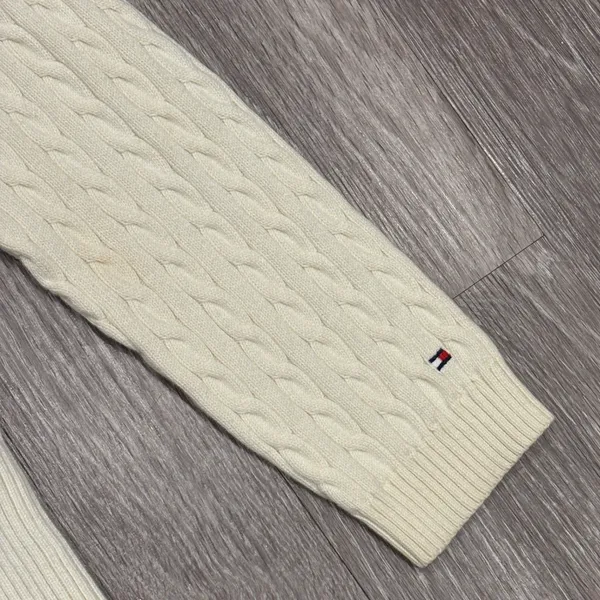 VTG 90s Tommy Hilfiger Womens Cream Cable Knit V-Neck Sweater Preppy Classic Med - Image 5