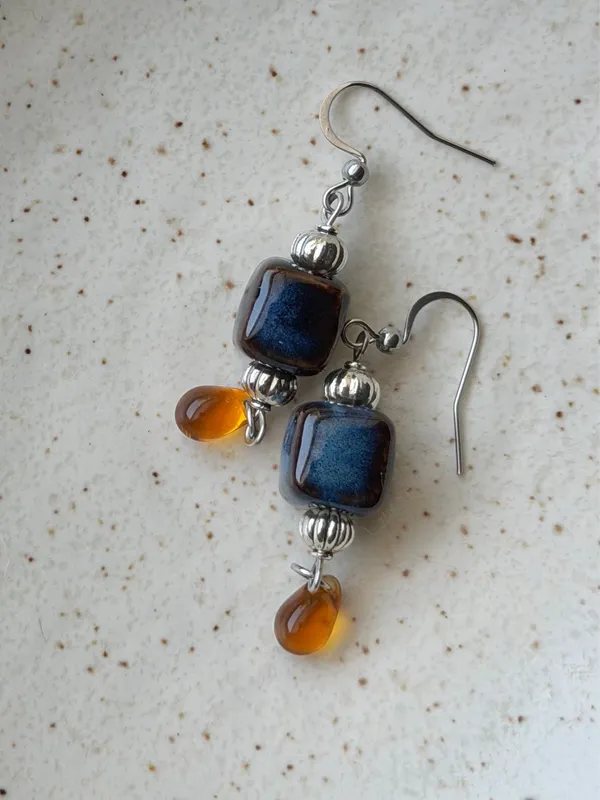 Handmade ceramic cube & Czech teardrop chic boho retro vintage style dangle earrings - Image 4