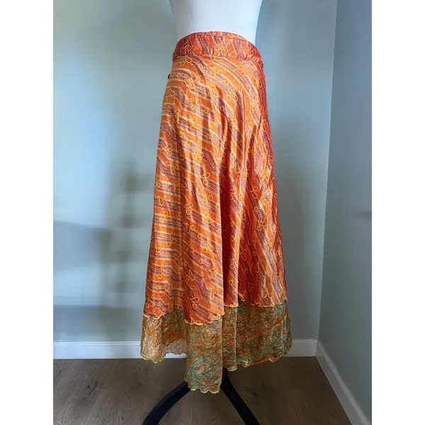 Boho Reversible Wrap Midi Skirt Orange Green fes Paisley Floral retro whimsigoth - Image 2