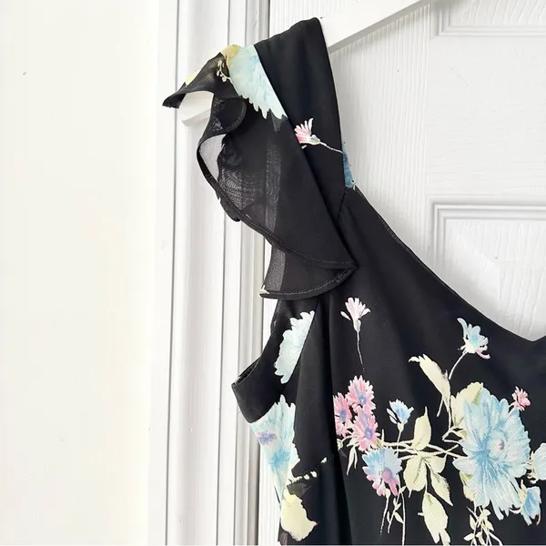 Evan Picone Black Floral 90s V Neck Flutter Sleeve Midi Sun Dress 10P Lined - Image 4