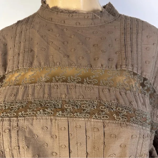 Anthropologie Pilcro Long Sleeve Mock Neck Dress Sz M Lace Loose Brown Swiss Dot - Image 4