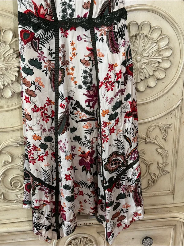 by Anthropologie Floral Lace-Trim Midi Dress in White with Red & Pink Blooms S-8 - Image 4