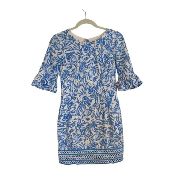 Lilly Pulitzer Shift Dress Blue 00 Womens Ruffle‎ Sleeve Lobster Print Mini - Image 3