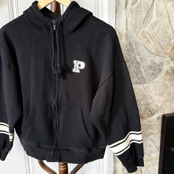 Victoria's Secret Pink Ivy Fleece Campus Black Full-Zip Hoodie Sweatshirt Medium - Image 4