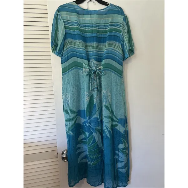 Phool Womens Blue Green Floral Stripe Sheer Tunic & Wide Leg Pant Set Rayon LG‎ - Image 5
