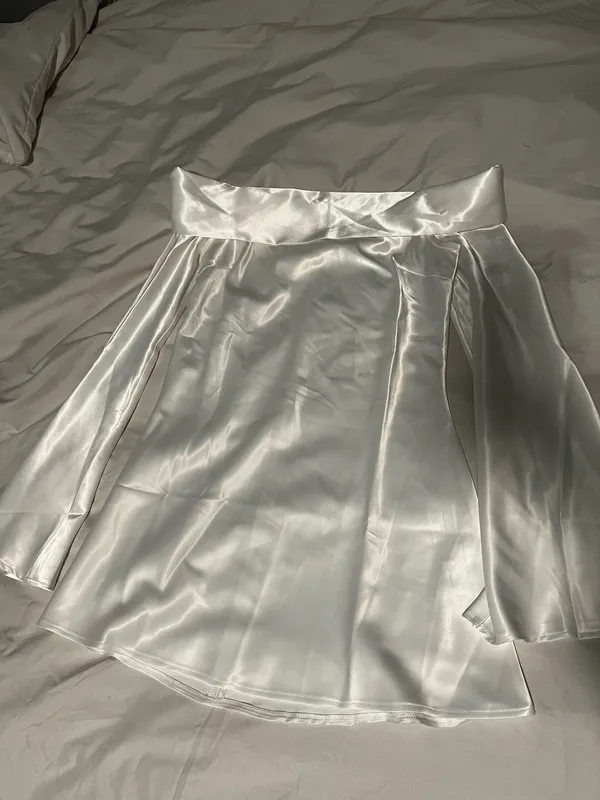 Peppermayo Mini Dress White Silk Off the Shoulder Long-Sleeve - Image 2