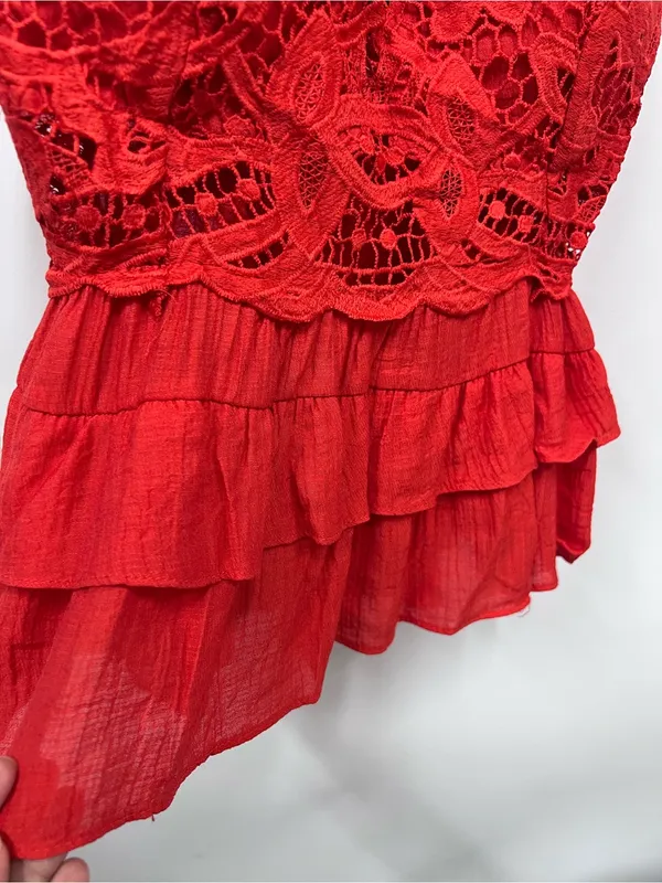 Red Lace bohemian tank top Strappy Camisole crochet peplum tiered bralette M - Image 9