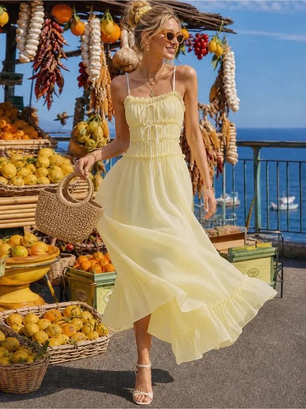 Rihoas Yellow Sweetheart Neck Ruffle Midi Dress - Image 3