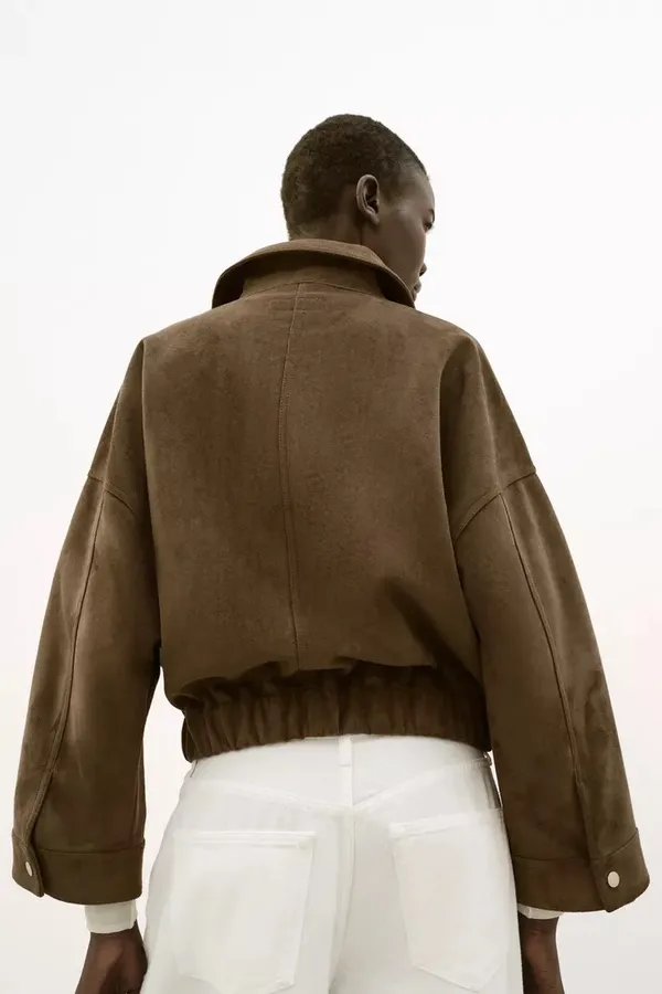 Zara Brown Tan Suede Faux Leather Bomber Jacket Outerwear - Image 8
