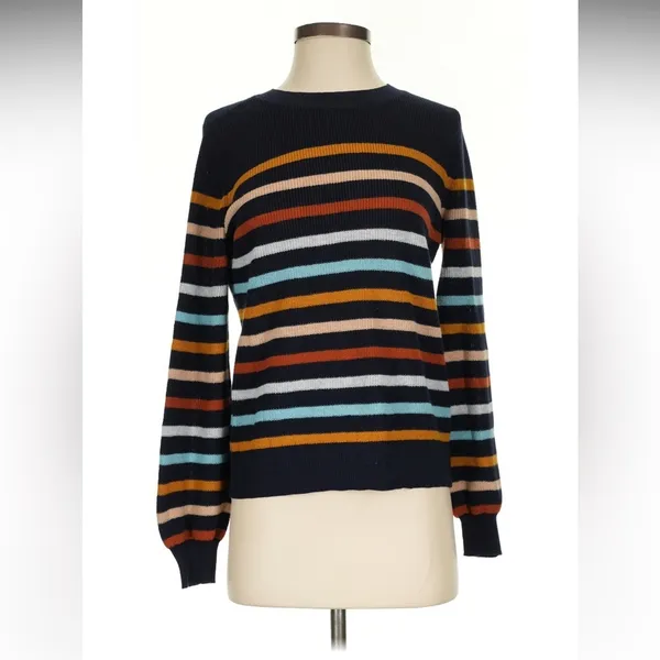 Loft Womens Size Large Crewneck Sweater Navy Blue Multicolor Stripes 100% Cotton - Image 2