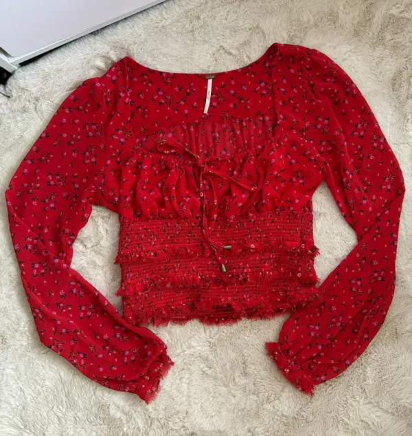 Free People NWOT Lolita Red Floral Ruffled Crop Top - Image 5