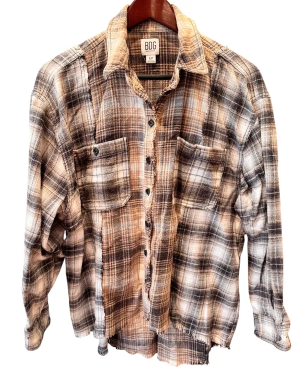 Urban Outfitters Plaid Flannel Shirt Oversized Mixed Media Brown S - Image 5
