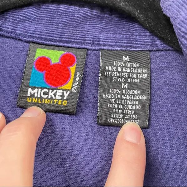 Vintage Disney Blue Corduroy Mickey & Minnie Embroidered Butterfly Down Shirt M - Image 5