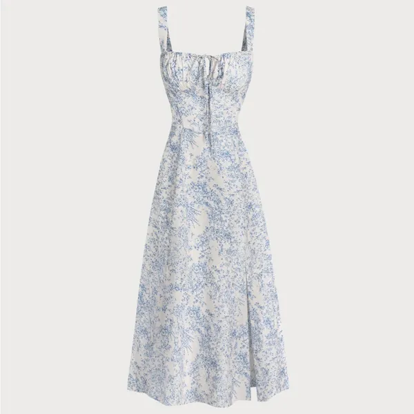 Rihoas Blue Floral Ruched Slip Midi Dress - Image 7