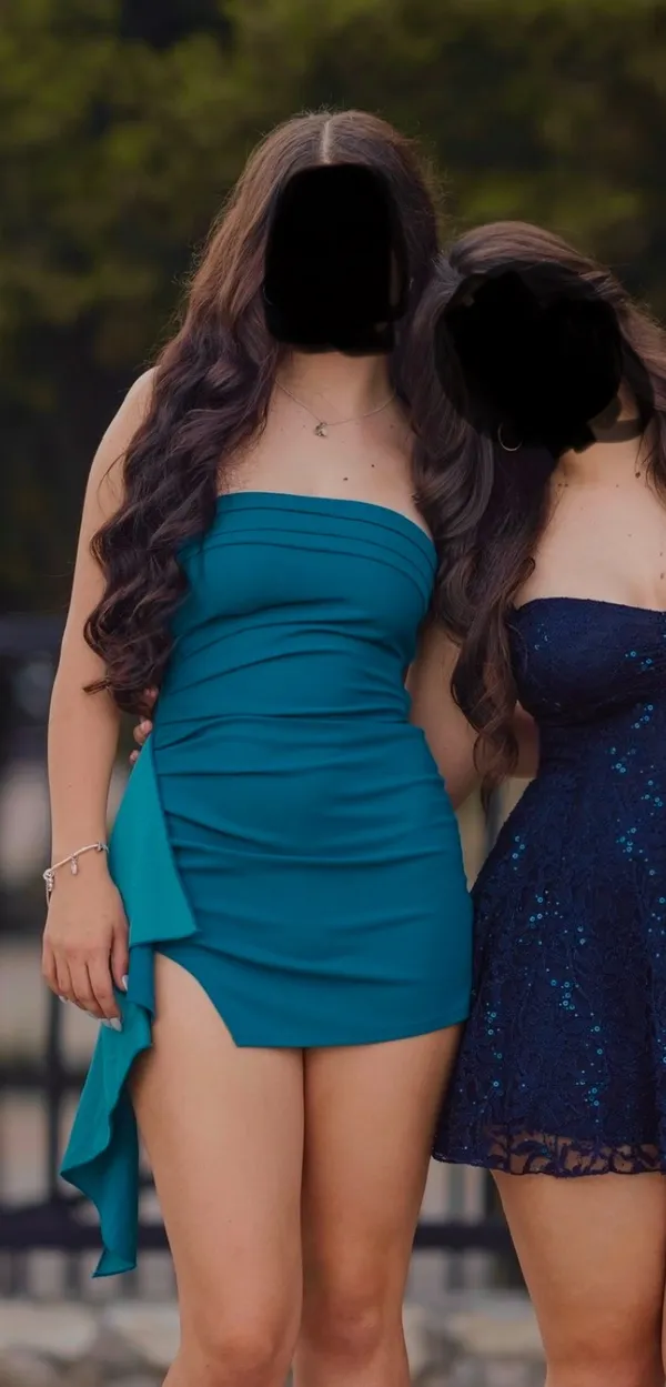 Lucy in the Sky Strapless Ruched Tassel Dress in Teal - Image 5