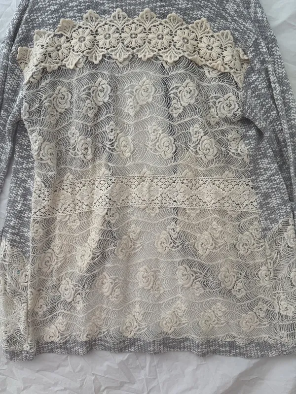 Miss Me 90’s Y2K Gray and Cream Textured Lace Knit Cardigan - Image 6